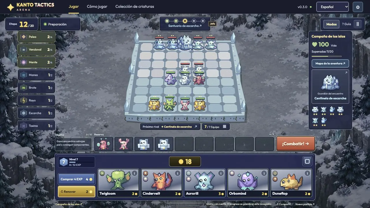 Partida de Kanto Tactics Arena con tablero de criaturas, reserva de nueve plazas y tienda de cinco ofertas.